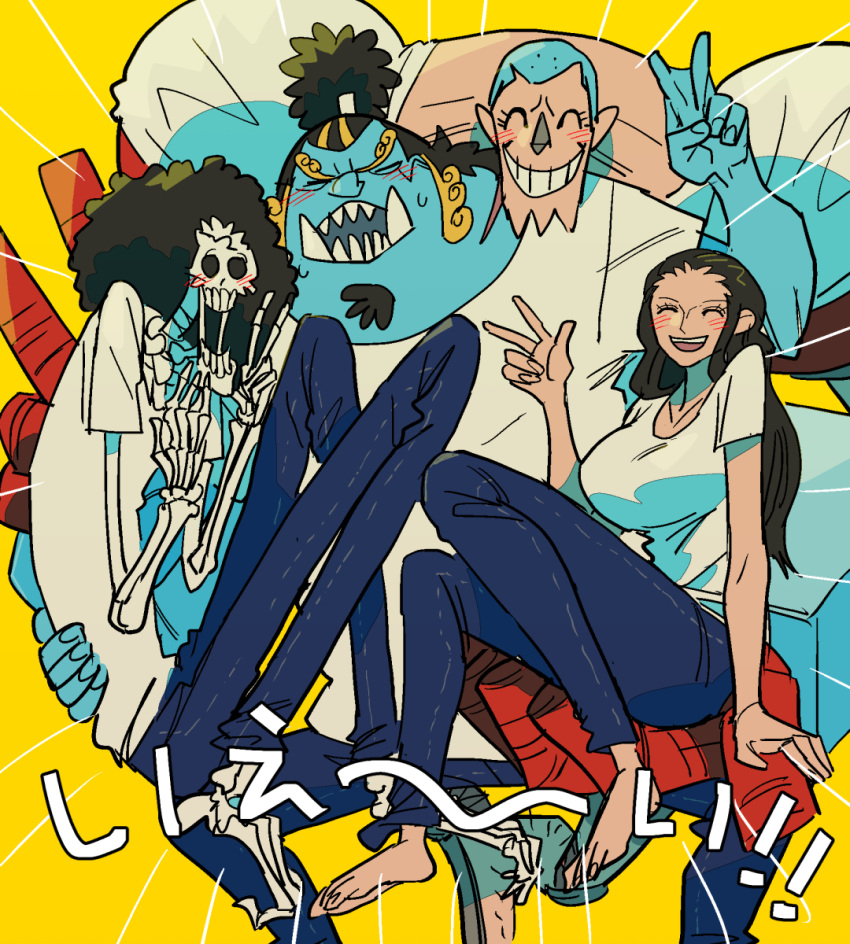 1girl 3boys ^_^ afro alternate_costume black_hair blush blush_stickers brook_(one_piece) closed_eyes denim eyelashes facial_hair feet_out_of_frame franky_(one_piece) goatee happy highres jeans jinbe_(one_piece) leg_hair long_legs multiple_boys nico_robin one_armed_carry one_piece pants shirt skeleton t-shirt tomatop translation_request tusks v yellow_background