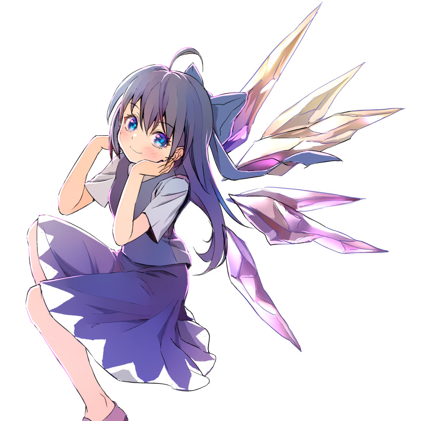 1girl absurdres ahoge alternate_hair_length alternate_hairstyle blue_bow blue_eyes blue_hair blue_skirt blue_vest blush bow cirno closed_mouth detached_wings fairy hair_between_eyes hair_bow highres ice ice_wings long_hair looking_at_viewer shiroi_karasu shirt short_sleeves simple_background skirt smile solo touhou vest white_background white_shirt wings
