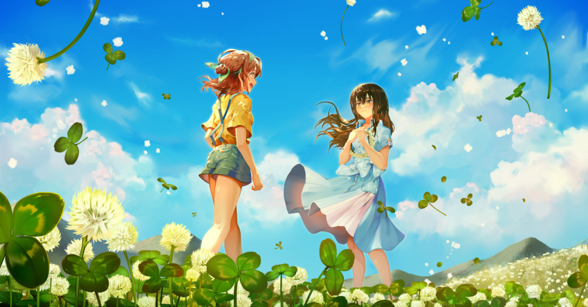 2girls blue_dress blue_eyes blue_shorts blue_sky brown_eyes brown_hair character_request closed_mouth clouds clover commentary_request copyright_request day dress field floating_hair flower flower_field flower_wreath four-leaf_clover hair_between_eyes hair_bun head_wreath head_wreath_removed holding long_hair mountain multiple_girls outdoors pleated_dress saihate_(d3) shirt short_shorts short_sleeves shorts sky standing suspender_shorts suspenders vocaloid white_flower yellow_shirt