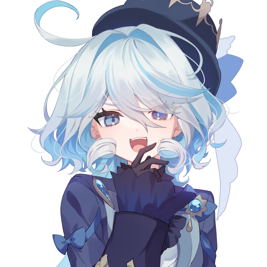 1girl antenna_hair ascot black_gloves blue_ascot blue_bow blue_brooch blue_coat blue_eyes blue_hair blue_headwear bow bright_pupils coat coat_bow dot_nose furina_(genshin_impact) furrowed_brow genshin_impact gloves hair_intakes hand_up hat heterochromia highres light_blue_hair long_hair long_sleeves looking_at_viewer mismatched_pupils mochizuki_mochi multicolored_hair ojou-sama_pose open_clothes open_coat open_mouth shirt short_shorts shorts simple_background smile smug solo teeth top_hat two-tone_hair upper_body upper_teeth_only v-shaped_eyebrows very_long_hair wavy_hair wavy_mouth white_background white_gloves white_pupils white_shirt white_shorts