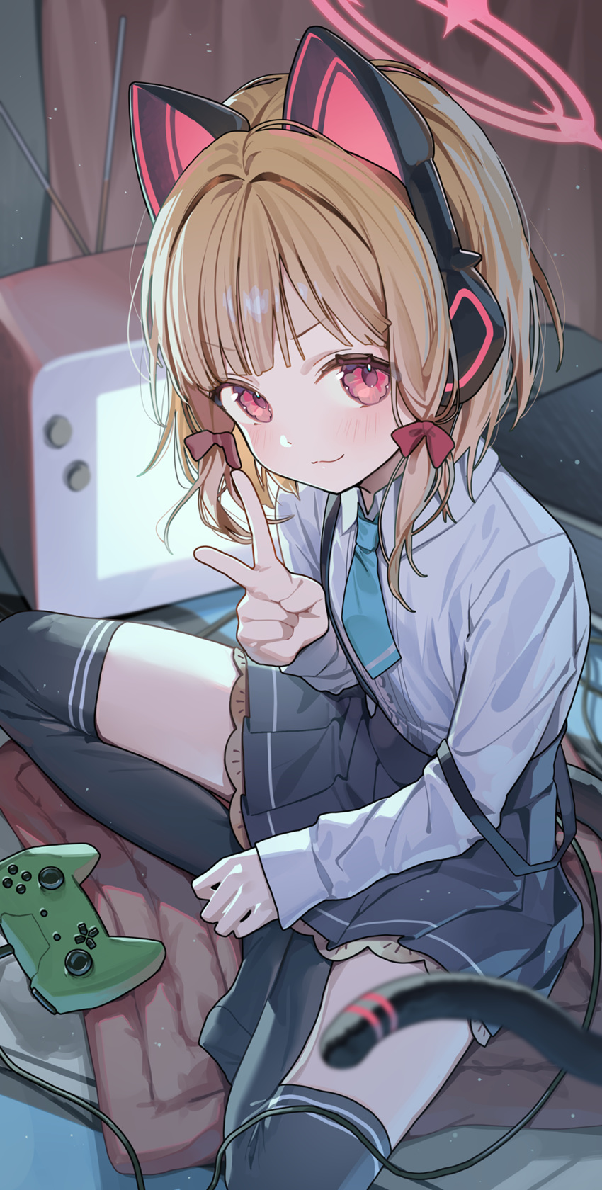 1girl absurdres animal_ear_headphones animal_ears black_skirt black_thighhighs blonde_hair blue_archive blue_necktie blush bow cat_tail closed_mouth collared_shirt controller fake_animal_ears game_controller hair_bow halo headphones highres long_sleeves looking_at_viewer momoi_(blue_archive) necktie ningen_mame pink_eyes pink_halo pleated_skirt red_bow shirt short_hair skirt smile solo tail television thigh-highs white_shirt