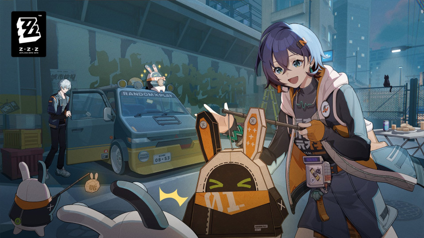 &gt;_&lt; black_cat black_pants black_shirt black_sleeves blue_hair blue_skirt cat character_request crossed_bangs earrings english_commentary fingerless_gloves gloves green_eyes highres jewelry lamppost logo long_sleeves looking_at_another looking_down mid-autumn_festival motor_vehicle night night_sky official_art orange_gloves outdoors pants shirt skirt sky white_footwear white_hair zenless_zone_zero