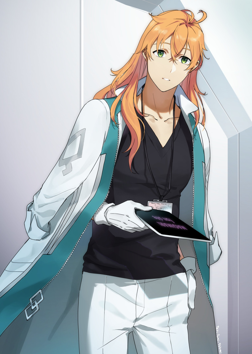 1boy absurdres antenna_hair black_shirt chaldea_uniform coat coat_on_shoulders collarbone cowboy_shot fate/grand_order fate_(series) gloves green_eyes hair_between_eyes hand_in_pocket highres holding holding_tablet_pc id_card indoors lab_coat lanyard long_hair looking_at_viewer male_focus orange_hair pants parted_lips romani_archaman shirt solo standing tablet_pc tenoteno_syumi v-neck white_coat white_gloves white_pants zipper