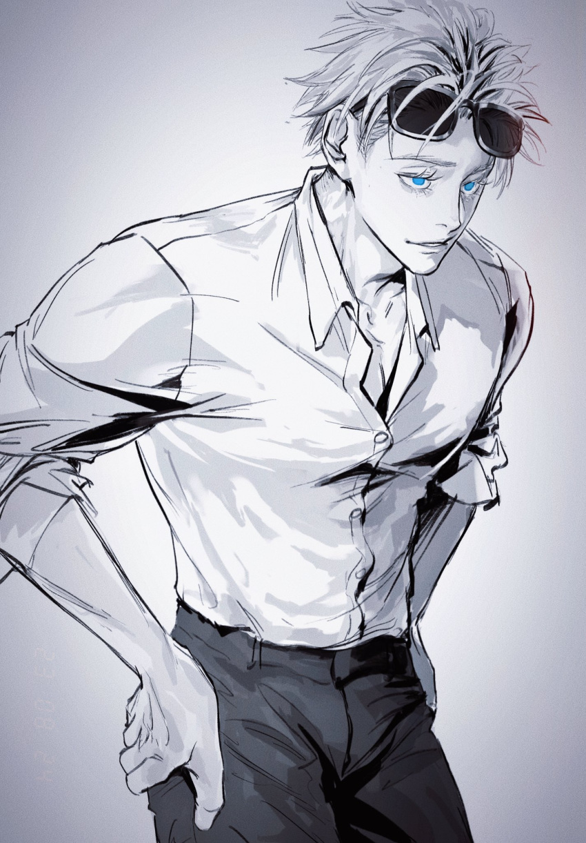 1boy blue_eyes collarbone collared_shirt cowboy_shot eyewear_on_head gojou_satoru greyscale hands_on_own_hips highres jujutsu_kaisen male_focus monochrome pants parted_lips partially_unbuttoned pryanye8611 shirt short_hair sleeves_rolled_up solo spot_color standing sunglasses