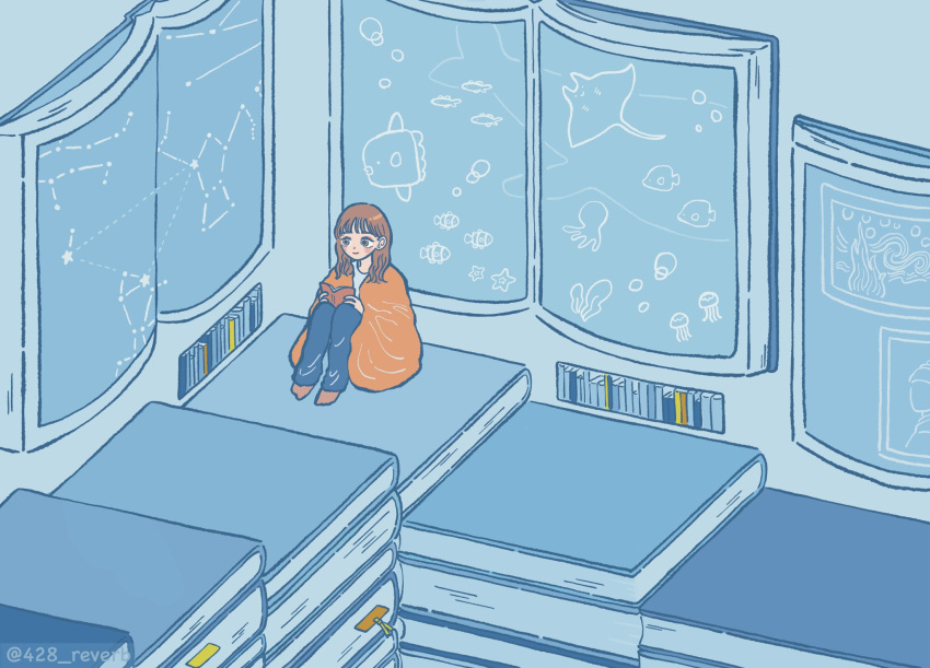 1girl 428_reverb betelgeuse_(star) blue_pants blue_theme book book_stack bookmark brown_eyes brown_hair canis_major_(constellation) canis_minor_(constellation) constellation fish gemini_(constellation) highres holding holding_book jellyfish knees_up long_hair manta_ray octopus open_book original orion_(constellation) oversized_object pants procyon_(star) sirius_(star) sitting smile solo star_map starfish sunfish surreal taurus_(constellation) twitter_username wide_shot
