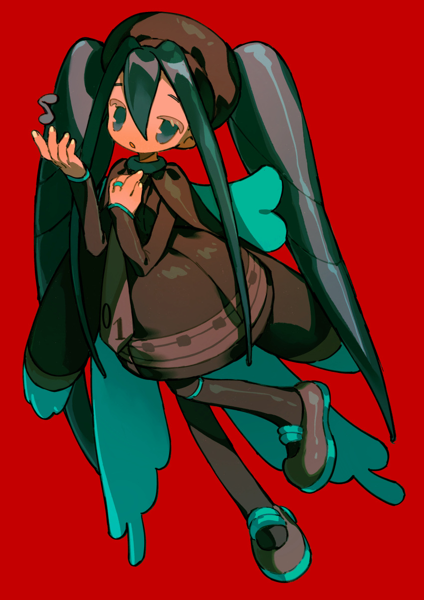 1girl absurdres aqua_cape beret black_pantyhose blue_eyes blue_hair brown_cape brown_dress bug_miku_(project_voltage) cape dress drill_hair expressionless foot_up full_body hair_between_eyes hair_through_headwear hand_on_own_chest hat hatsune_miku highres jewelry long_hair long_sleeves looking_at_viewer medlic music musical_note pantyhose pokemon project_voltage red_background ring sidelocks simple_background singing solo twin_drills two-tone_cape very_long_hair vocaloid white_nails