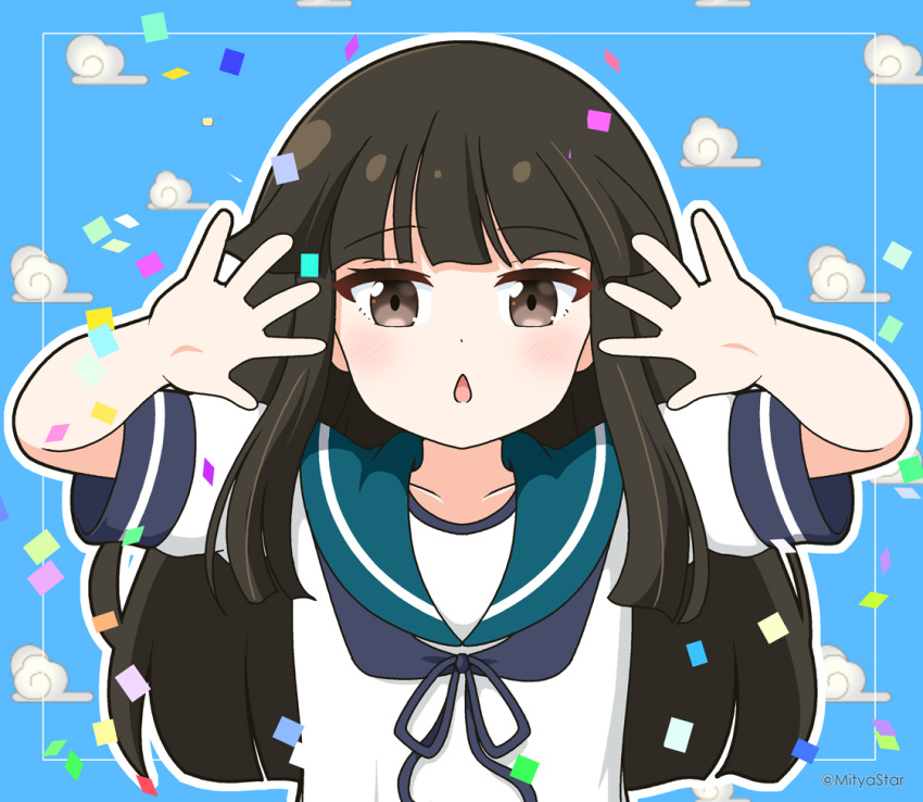 1girl black_hair blue_background blue_ribbon blue_sailor_collar blunt_bangs brown_eyes chestnut_mouth clouds commentary_request confetti hands_up hatsuyuki_(kancolle) hime_cut kantai_collection long_hair looking_at_viewer mitya neck_ribbon parted_lips puffy_short_sleeves puffy_sleeves ribbon sailor_collar shirt short_sleeves solo twitter_username upper_body very_long_hair white_shirt
