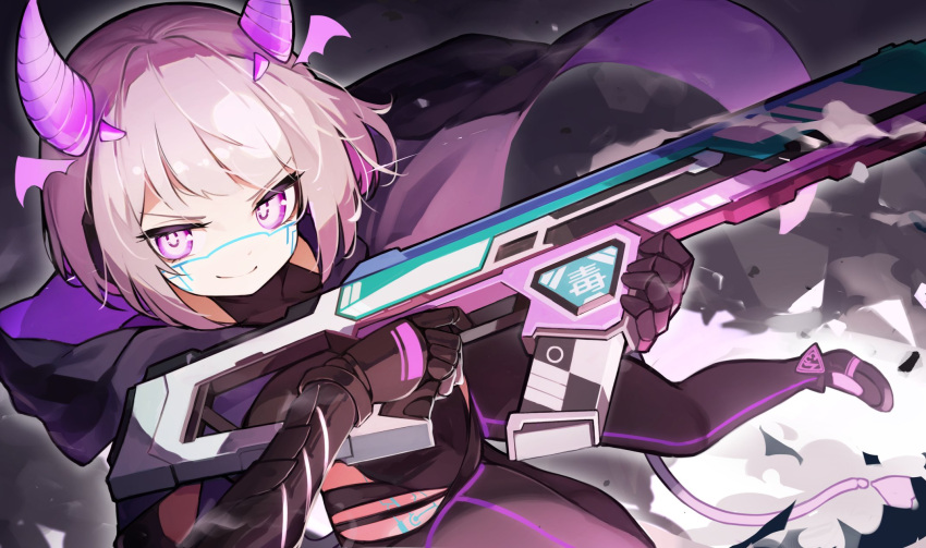 1girl black_bodysuit bob_cut bodysuit breasts cape closed_mouth covered_navel detached_horns gradient_hair groin gun hair_intakes highres hip_vent holding holding_gun holding_weapon holographic_horns huge_breasts indie_virtual_youtuber looking_at_viewer medium_hair motherv3 multicolored_eyes multicolored_hair neon_trim pink_horns purple_cape solo suginakara_(user_ehfp8355) tail tail_through_clothes two-tone_eyes virtual_youtuber weapon