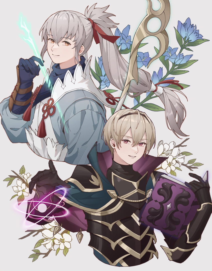 2boys ai_tkkm armor arrow_(projectile) black_armor black_capelet black_gloves blonde_hair blue_flower blue_gloves book bow_(weapon) breastplate brown_eyes capelet commentary cropped_torso fire_emblem fire_emblem_fates floating_hair floral_background flower gloves gold_trim grey_background grey_hair grin hair_between_eyes hair_ribbon highres holding holding_arrow holding_book holding_bow_(weapon) holding_weapon japanese_clothes leo_(fire_emblem) long_hair magic male_focus multiple_boys open_book ponytail red_ribbon ribbon short_hair simple_background smile takumi_(fire_emblem) tiara violet_eyes weapon white_flower
