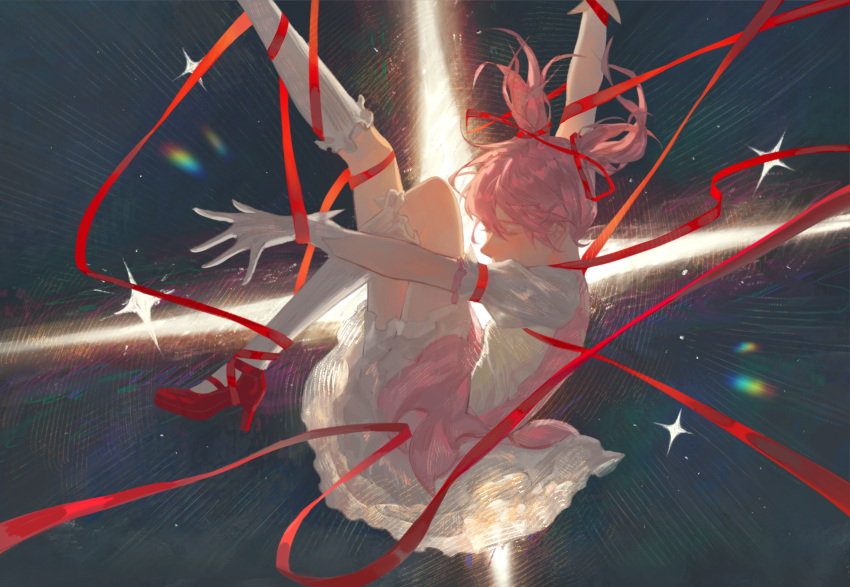 1girl arm_up bubble_skirt chinese_commentary closed_eyes commentary_request covered_mouth dress expressionless floating foot_out_of_frame frilled_skirt frilled_socks frills from_side gloves hair_ribbon highres kaname_madoka kneehighs lens_flare magical_girl mahou_shoujo_madoka_magica outstretched_arms pink_dress pink_hair puffy_short_sleeves puffy_sleeves red_footwear red_ribbon ribbon shoes short_hair short_sleeves short_twintails skirt socks solo sparkle twintails white_gloves white_skirt white_socks xxyt-xx