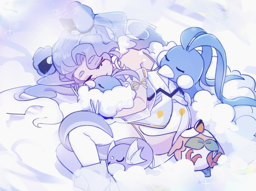 1girl altaria blue_hair closed_eyes clouds detached_sleeves dratini flying_miku_(project_voltage) hatsune_miku highres light_purple_hair long_hair lying lying_on_cloud official_alternate_costume pokemon pokemon_(creature) project_voltage rowlet see-through see-through_sleeves sleeping user_ycsp4587 very_long_hair violet_eyes vocaloid