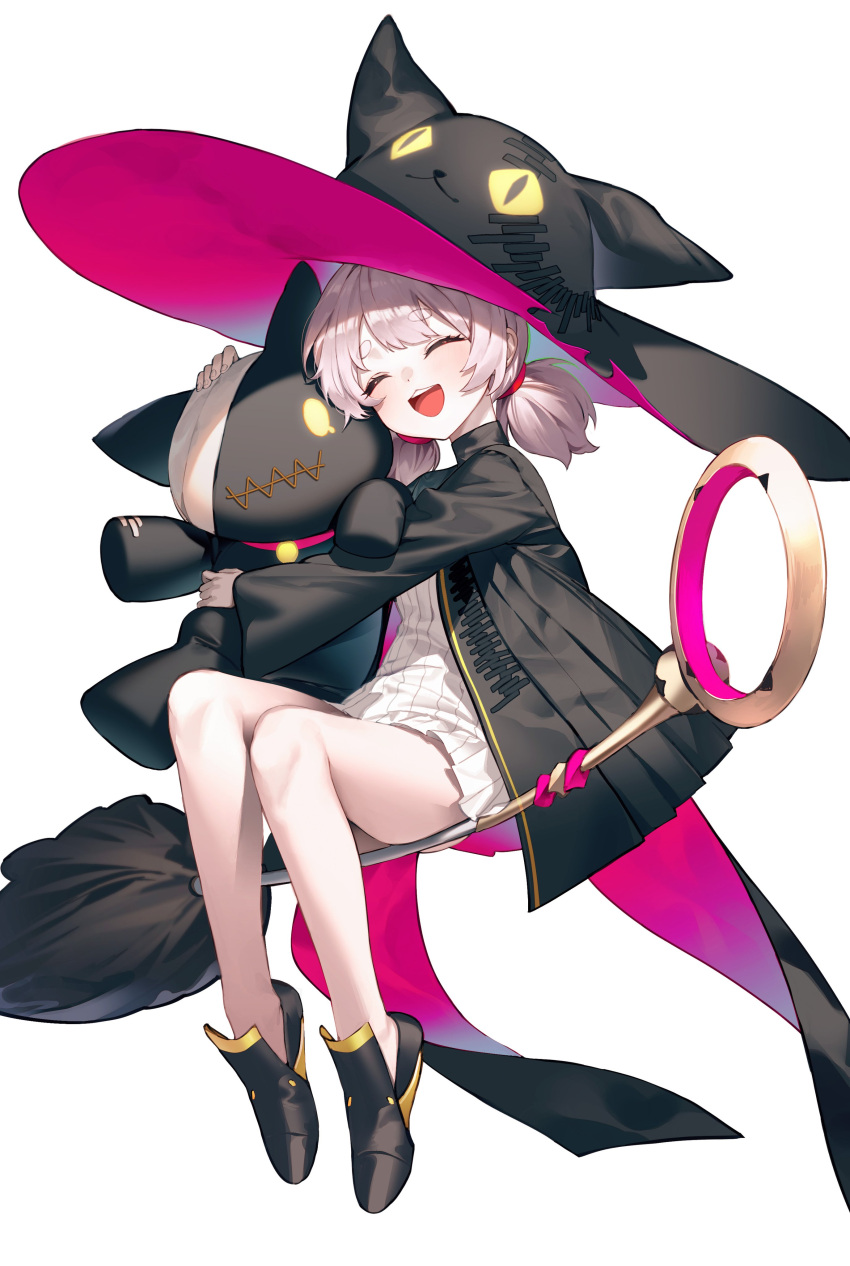 1girl absurdres animal_hat black_cape black_headwear black_robe blush broom broom_riding cape cat_hat grey_hair hat highres hugging_doll hugging_object legendary_sword lo-ta long_sleeves low_twintails open_mouth robe rose_(legendary_sword) smile solo stitched_mouth stitches stuffed_animal stuffed_cat stuffed_toy torn_clothes torn_hat twintails white_background witch witch_hat