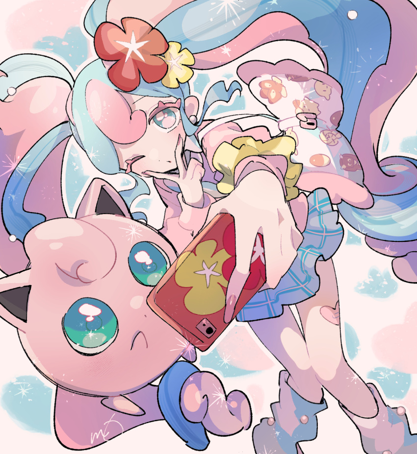 1girl blue_skirt bull_sprite_(pokemon) cardigan cellphone clefairy_sprite_(pokemon) earrings fairy_miku_(project_voltage) fish_sprite_(pokemon) flower fossil_sprite_(pokemon) hair_flower hair_ornament hatsune_miku highres holding holding_phone jewelry jigglypuff leg_warmers long_hair multicolored_hair nail_polish one_eye_closed phone pink_cardigan pink_nails pokemon pon_pon_post project_voltage scrunchie selfie skirt twintails two-tone_hair very_long_hair vocaloid wrist_scrunchie