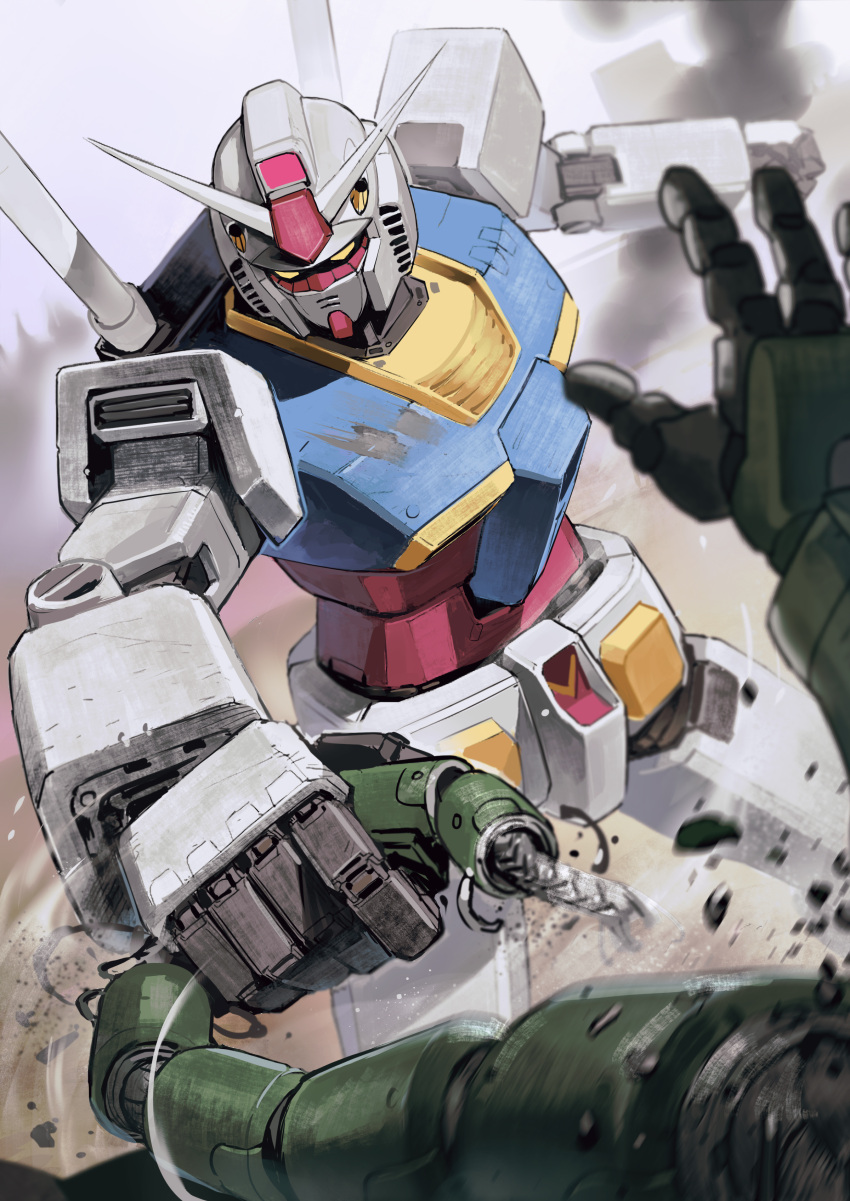 absurdres earth_federation grabbing_another's_chin gundam hand_on_another's_chin highres mecha mobile_suit mobile_suit_gundam no_humans pov robot rx-78-2 sarcophage v-fin zaku_ii zeon