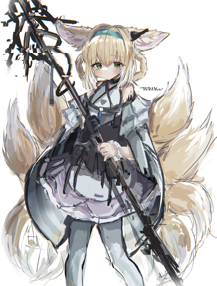 1girl absurdres animal_ears arknights bare_shoulders black_gloves blonde_hair blue_hairband blush braid braided_hair_rings closed_mouth clothing_cutout colored_tips commentary dress earpiece feet_out_of_frame fox_ears fox_girl fox_tail glitch gloves green_eyes hair_between_eyes hair_rings hairband highres holding holding_staff keta_popo_(system_ppp) kitsune kyuubi multicolored_hair multiple_tails oripathy_lesion_(arknights) pantyhose purple_dress short_dress short_hair shoulder_cutout single_glove single_wrist_cuff solo staff standing suzuran_(arknights) tail twin_braids white_background white_hair white_pantyhose wrist_cuffs