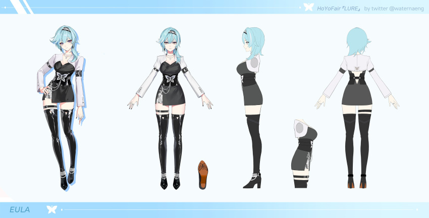 0jae 1girl absurdres alternate_costume asymmetrical_hair black_footwear black_hairband black_nails black_straps blue_hair blue_nails boots character_name closed_mouth earrings eula_(genshin_impact) genshin_impact hairband hand_on_own_hip high_heels highres jewelry long_sleeves looking_at_viewer multiple_rings multiple_views necklace pearl_necklace reference_sheet ring short_hair simple_background smile standing thigh_boots thigh_strap violet_eyes