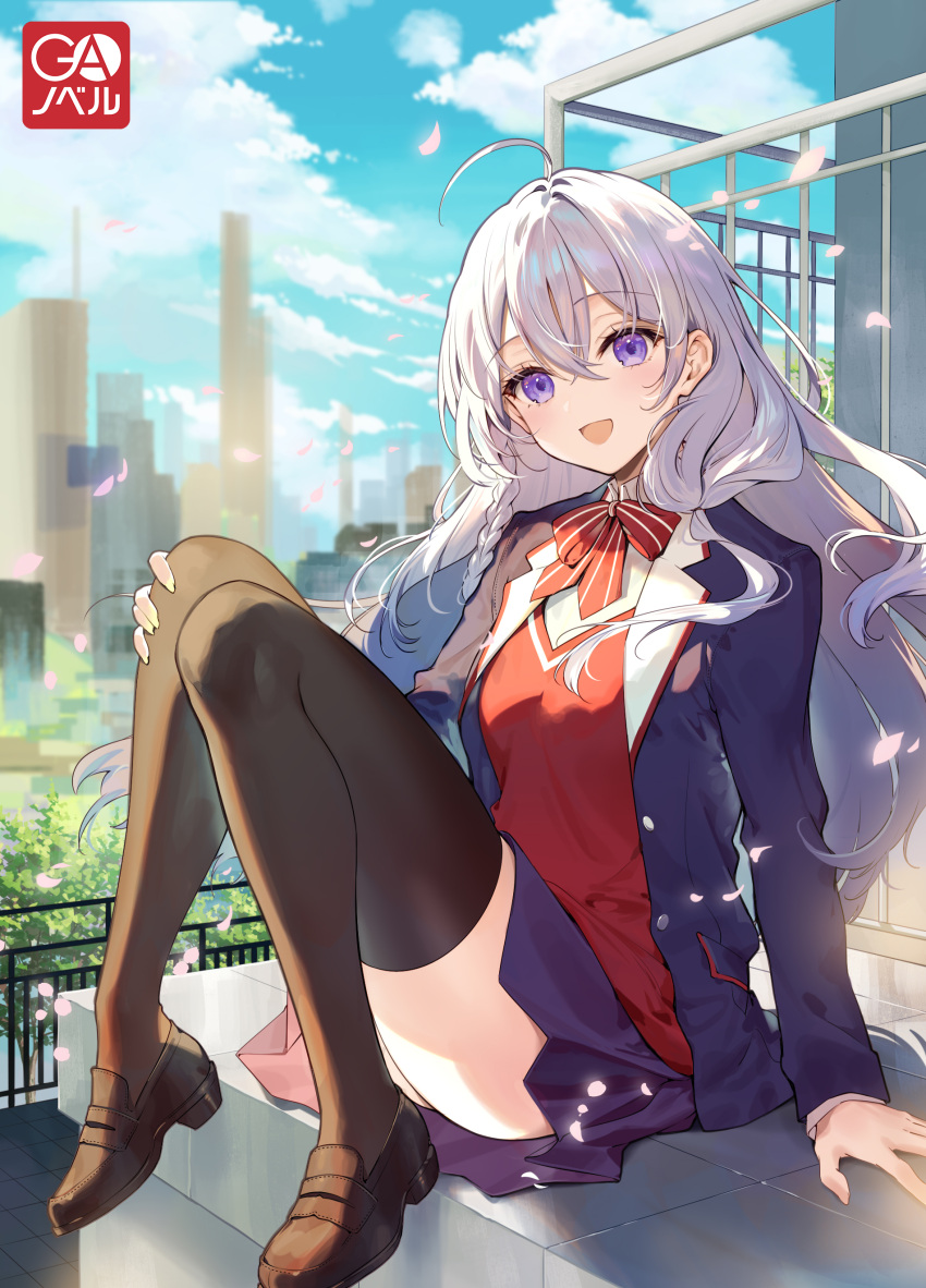 1girl absurdres ahoge black_thighhighs blazer blue_sky bow bowtie braid brown_footwear building clouds cloudy_sky collared_jacket cover cover_image crossed_bangs day elaina_(majo_no_tabitabi) floating_hair grey_hair hair_between_eyes highres jacket loafers long_hair long_sleeves looking_at_viewer majo_no_tabitabi majo_no_tabitabi:_gakuen necomi novel_illustration official_art open_clothes open_jacket open_mouth outdoors petals school_uniform shoes sitting skirt sky smile solo striped striped_bow striped_bowtie thigh-highs thighs violet_eyes zettai_ryouiki