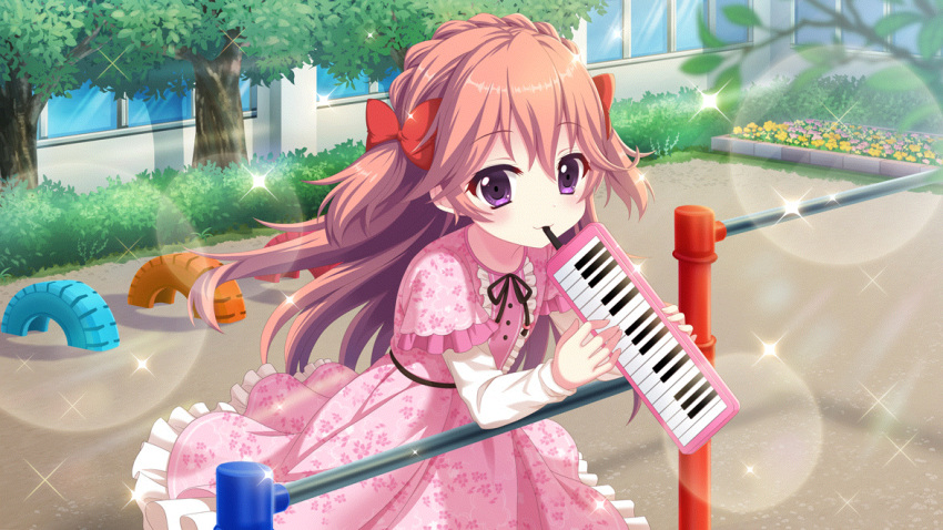 1girl aged_down blurry blurry_foreground bow building child closed_mouth day dot_nose dress film_grain floral_print flower_bed frilled_dress frills game_cg haeno_akari hair_bow hedge horizontal_bar instrument izumi_tsubasu keyboard_(instrument) lens_flare long_hair looking_at_viewer mouth_hold music non-web_source official_art orange_hair outdoors pink_dress playground playing_instrument print_dress re:stage! red_bow sand solo sparkle tire tree two_side_up violet_eyes white_sleeves window