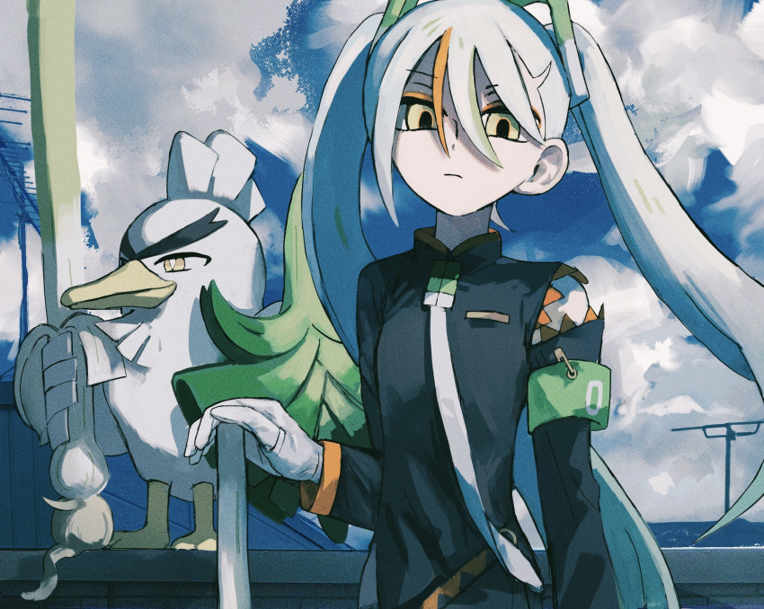 1girl armband bird black_coat blue_sky brown_eyes clothing_cutout clouds cloudy_sky coat commentary_request day empty_eyes expressionless eyeshadow fighting_miku_(project_voltage) floating_hair food food-themed_hair_ornament gloves green_armband green_hair hair_ornament hand_on_weapon hand_up hatsune_miku highres holding holding_food holding_spring_onion holding_vegetable light_frown long_sleeves looking_at_viewer makeup multicolored_hair necktie orange_eyeshadow orange_hair outdoors pokemon pokemon_(creature) project_voltage radio_antenna rooftop shoulder_cutout sirfetch'd sky solo spring_onion spring_onion_hair_ornament streaked_hair takorantan twintails upper_body vegetable white_gloves white_hair white_necktie