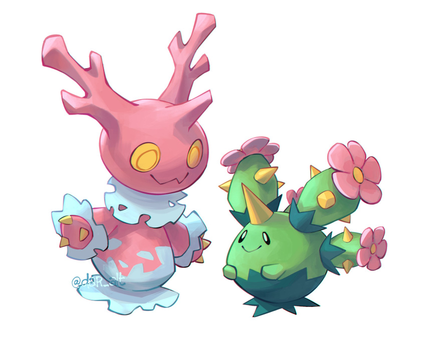 corsola dar-draws full_body highres looking_at_another maractus no_humans pokemon pokemon_(creature) simple_background white_background