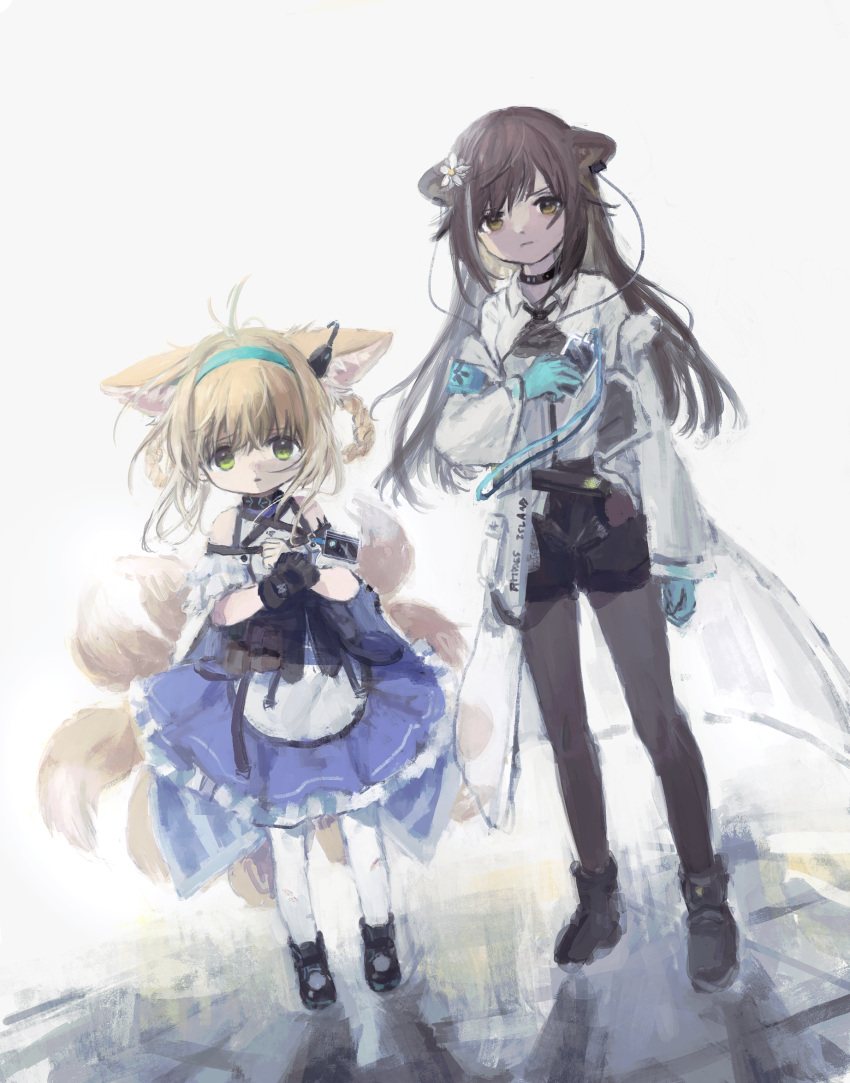 2girls animal_ears arikomen arknights bare_shoulders black_collar black_footwear black_gloves black_pantyhose black_shorts blonde_hair blue_gloves braid braided_hair_rings brown_hair cat_ears cat_girl closed_mouth clothing_cutout collar colored_tips commentary_request dress earpiece flower folinic_(arknights) fox_ears fox_girl fox_tail frilled_dress frilled_sleeves frills full_body gloves green_eyes hair_flower hair_ornament hair_rings highres infection_monitor_(arknights) jacket kitsune kyuubi long_hair long_sleeves looking_at_viewer multicolored_hair multiple_girls multiple_tails oripathy_lesion_(arknights) pantyhose parted_lips purple_dress shoes short_hair short_shorts short_sleeves shorts shoulder_cutout single_glove standing suzuran_(arknights) tail twin_braids two-tone_hair white_hair white_jacket white_pantyhose yellow_eyes