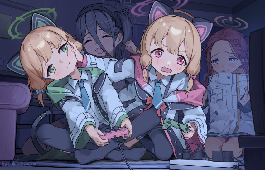 4girls absurdres animal_ear_headphones animal_ears aris_(blue_archive) black_hair black_halo black_thighhighs blonde_hair blue_archive blue_necktie blush cat_tail closed_eyes collared_shirt commentary_request controller fake_animal_ears flat_chest game_controller game_development_department_(blue_archive) green_eyes green_halo halo headphones highres holding holding_controller holding_game_controller id_card jacket long_hair midori_(blue_archive) momoi_(blue_archive) multicolored_clothes multicolored_jacket multiple_girls necktie pink_halo playing_games red_eyes redhead shijiuuuuuuu shirt short_hair tail thigh-highs twitter_username two-tone_jacket violet_eyes white_shirt yuzu_(blue_archive)
