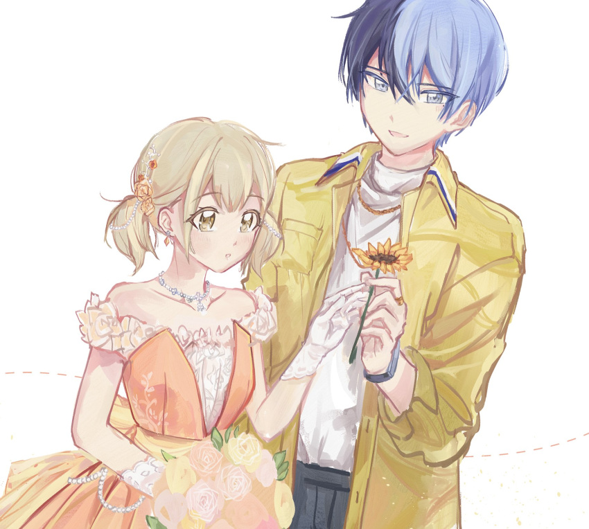 1boy 1girl a7_(akssr75810) aoyagi_touya azusawa_kohane blue_eyes blue_hair bouquet breasts brown_eyes brown_hair collared_shirt commentary_request dark_blue_hair dress earrings flower gloves highres holding holding_bouquet holding_flower jewelry leaf long_sleeves multicolored_hair necklace official_alternate_costume open_clothes open_mouth orange_flower project_sekai shirt short_hair sleeves_past_elbows split-color_hair sunflower turtleneck two-tone_hair upper_body white_background white_gloves yellow_flower