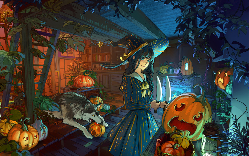 1girl animal artist_name black_hair blue_fire bookshelf braid chimney closed_mouth dress fire hair_over_shoulder hat highres holding holding_knife indoors jack-o'-lantern kitchen_knife knife lantern long_hair neckerchief original plant pumpkin smile solo stairs witch witch_hat wolf yellow_neckerchief yuumei