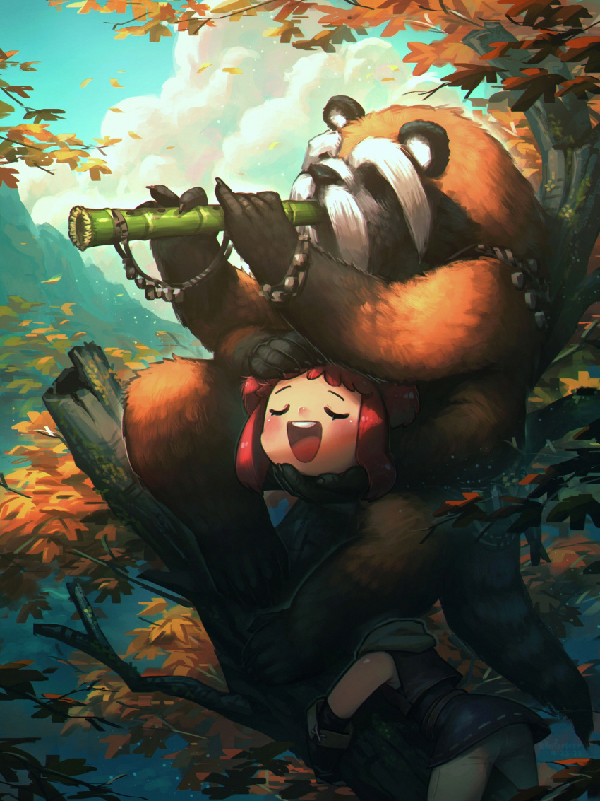 1girl :d absurdres animal autumn_leaves bamboo branch closed_eyes disembodied_head dullahan english_commentary enne_(porforever) extra_arms fantasy flute headless highres holding_head instrument music original playing_instrument porforever redhead sleeveless smile tail teeth tree upper_teeth_only