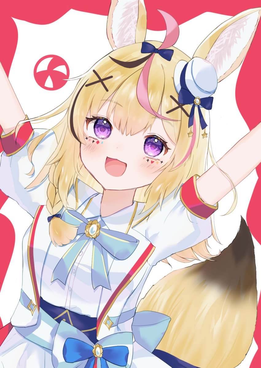 1girl ahoge animal_ear_fluff animal_ears arms_up black_hair blonde_hair blue_bow blush bow bowtie braid facial_mark fox_ears fox_girl fox_tail hair_bow hair_ornament hair_over_shoulder hat highres hololive hololive_idol_uniform_(bright) idol_clothes jacket long_hair looking_at_viewer mini_hat multicolored_hair omaru_polka open_mouth outstretched_arms piko_pinapi pink_hair puffy_short_sleeves puffy_sleeves red_background shirt short_sleeves side_braid simple_background single_braid smile solo streaked_hair tail two-tone_background upper_body violet_eyes virtual_youtuber waist_bow white_background white_jacket white_shirt x_hair_ornament