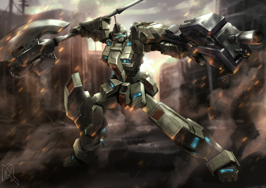 aiming artist_logo axe blue_eyes blurry blurry_background building city commentary commission dual_wielding embers english_commentary fighting_stance foreshortening glowing glowing_eyes gun gundam gundam_side_story:_missing_link highres holding holding_axe holding_gun holding_weapon mecha missile_pod mobile_suit no_humans original outdoors outstretched_arms pale_rider_(mobile_suit) porukima power_lines redesign robot science_fiction smoke solo utility_pole weapon