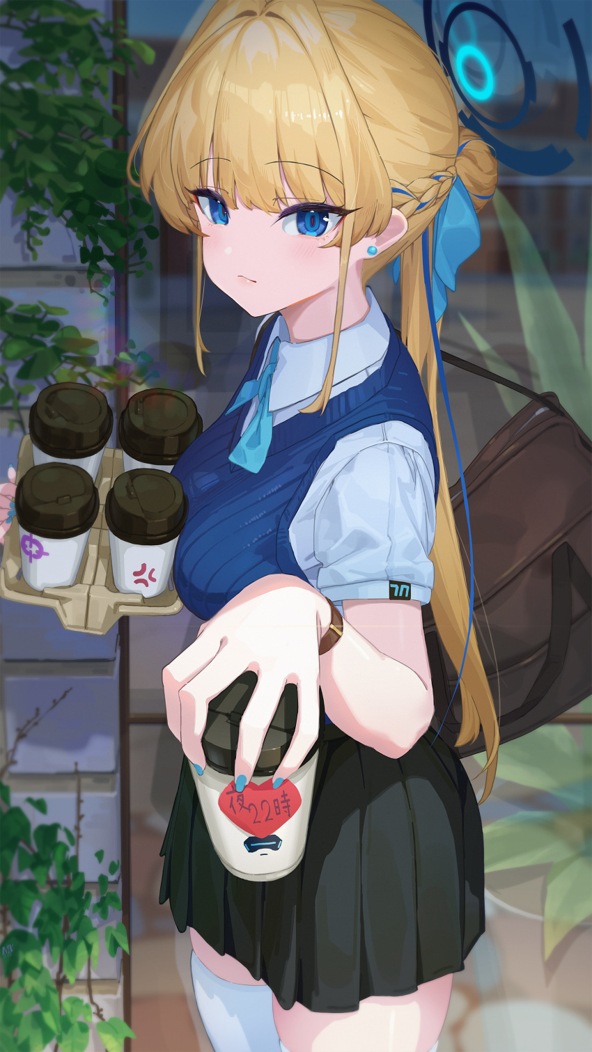 1girl absurdres alternate_costume bag black_skirt blue_archive blue_bow blue_bowtie blue_eyes blue_nails blue_vest bow bowtie braid breasts cardigan_vest closed_mouth cup cup_holder disposable_cup earrings hair_bow hair_bun halo highres holding holding_cup incoming_drink jewelry looking_at_viewer medium_breasts nox13 pleated_skirt school_bag short_sleeves skirt solo stud_earrings thigh-highs toki_(blue_archive) vest white_thighhighs zettai_ryouiki