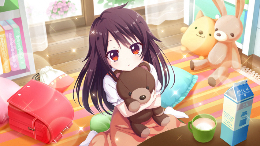 1girl aged_down backpack bag bandou_mikuru book bookshelf brown_hair child cup day dot_nose dress film_grain flower from_above game_cg glass_door hugging_doll hugging_object indoors izumi_tsubasu lens_flare long_hair looking_at_viewer milk milk_carton no_shoes non-web_source official_art parted_lips pillow pink_dress pink_flower randoseru re:stage! red_bag red_eyes ringed_eyes round_table rug short_sleeves sitting sliding_doors socks solo sparkle stuffed_animal stuffed_rabbit stuffed_toy swept_bangs table teddy_bear wariza white_sleeves white_socks wooden_floor