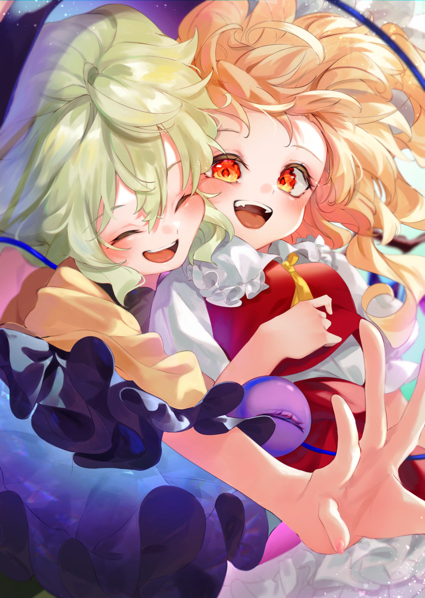 2girls ^_^ absurdres ascot blonde_hair blush calpis118 closed_eyes crystal fang flandre_scarlet frilled_sailor_collar frills glowing_clothes green_hair highres komeiji_koishi looking_at_another multiple_girls outstretched_arm puffy_short_sleeves puffy_sleeves red_skirt red_vest sailor_collar shirt short_sleeves skirt smile teeth third_eye touhou upper_teeth_only vest white_shirt yellow_ascot yellow_shirt