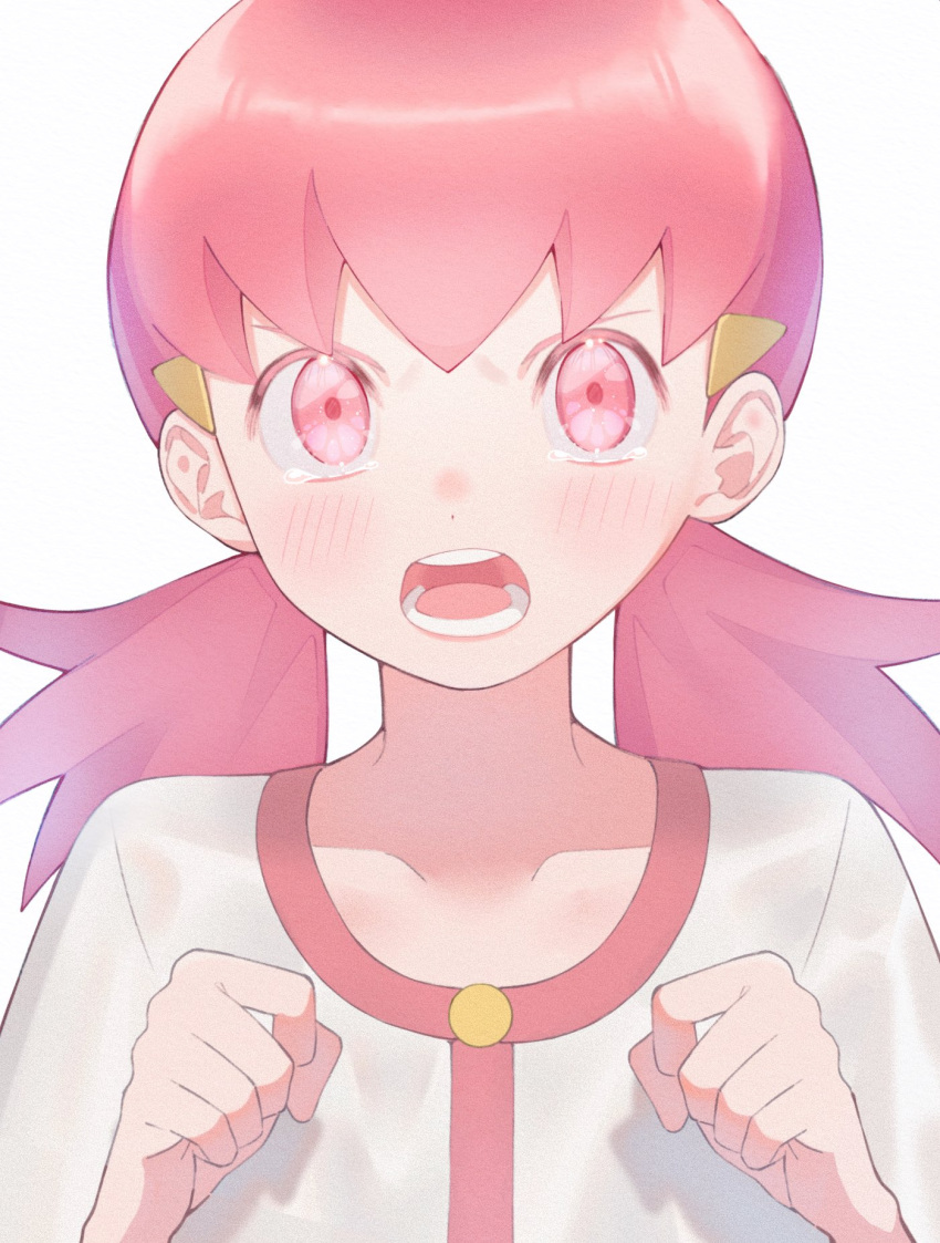 1girl blush buttons collarbone commentary_request hair_ornament hairclip hands_up highres kana_(kanna_runa0620) long_hair looking_at_viewer open_mouth pink_eyes pink_hair pokemon pokemon_(game) pokemon_hgss shirt solo tearing_up teeth tongue twintails upper_body white_background white_shirt whitney_(pokemon)