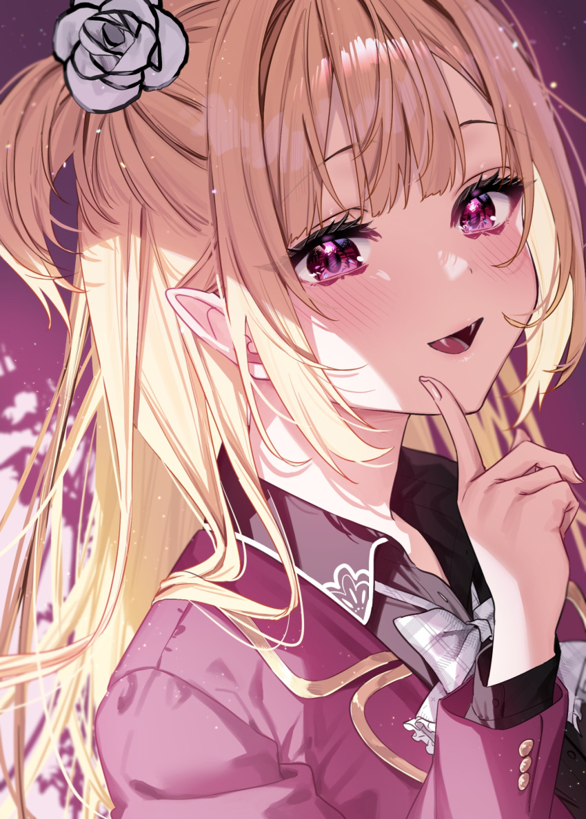 1girl black_shirt blonde_hair blunt_bangs blush bow bowtie chigusa_minori close-up collared_shirt commentary_request dress_shirt fangs finger_to_cheek flower hair_flower hair_ornament highres index_finger_raised jacket komagawa_yuuhi light_particles long_hair looking_at_viewer official_art onii-sama_wa_kaibutsu_wo_aiseru_tantei_desu_ka? open_mouth plaid plaid_bow plaid_bowtie pointy_ears portrait purple_jacket rose shirt sidelocks smile solo two_side_up unmoving_pattern upper_body violet_eyes white_bow white_bowtie white_flower white_rose