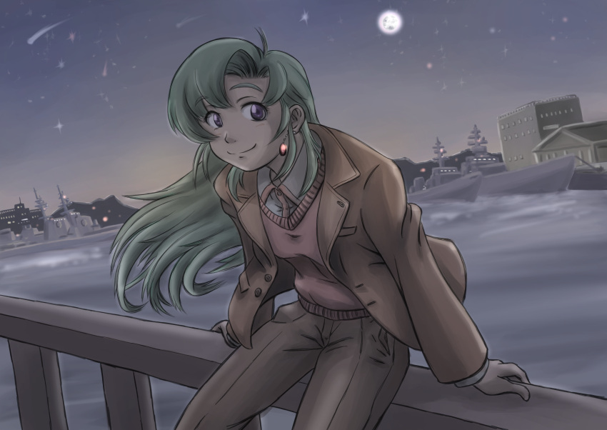 1girl aqua_hair arm_support brown_jacket brown_pants city cityscape cropped_legs earrings fence full_moon hatsuseno_alpha highres jacket jewelry long_hair looking_at_viewer moon nakamoto_vic navy night open_clothes open_jacket pants pink_sweater scenery shirt sitting sky smile solo star_(sky) starry_sky sweater violet_eyes water white_shirt wind yokohama_kaidashi_kikou