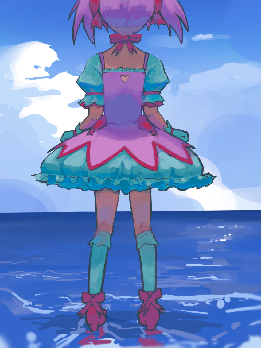 1girl arms_at_sides back_cutout blue_sky bow bow_choker bubble_skirt choker clothing_cutout clouds cloudy_sky dress footwear_bow frilled_skirt frilled_socks frills from_behind gloves hair_bow heart_cutout high_heels highres kaname_madoka kneehighs legs_apart magical_girl mahou_shoujo_madoka_magica mahou_shoujo_madoka_magica_(anime) mariaapham miniskirt on_water petticoat pink_dress pink_hair puffy_short_sleeves puffy_sleeves red_bow red_choker red_footwear short_dress short_hair short_sleeves skirt sky socks solo square_neckline standing standing_on_liquid twintails white_gloves white_skirt white_sleeves white_socks