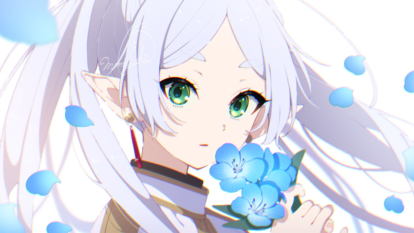 1girl blue_flower commentary_request earrings flower frieren from_side green_eyes grey_hair hands_up holding holding_flower jacket jewelry long_hair looking_at_viewer looking_to_the_side mamyouda parted_bangs parted_lips partial_commentary petals pointy_ears portrait short_eyebrows signature simple_background solo sousou_no_frieren thick_eyebrows twintails white_background white_jacket