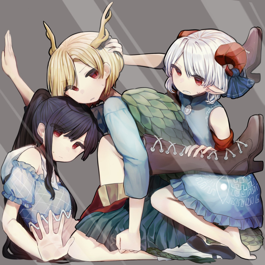 3girls animal_ears antlers arm_up bandana bare_shoulders barefoot black_footwear black_hair blonde_hair blue_bow blue_dress blue_ribbon blue_shirt blue_skirt boots bow breasts brown_footwear closed_mouth commentary_request dragon_girl dragon_tail dress earrings frills glass grey_background grey_hair hair_between_eyes hand_on_another's_head hand_up high_heels highres horn_ornament horn_ribbon horns horse_ears horse_girl horse_tail jewelry kicchou_yachie kurokoma_saki legs_up long_hair long_sleeves looking_at_another looking_at_viewer mandarin_collar medium_breasts multicolored_clothes multicolored_dress multiple_girls no_headwear off-shoulder_dress off_shoulder open_mouth pink_dress plaid plaid_dress pleated_skirt pointy_ears ponytail puffy_short_sleeves puffy_sleeves red_eyes ribbon seiza sharp_teeth shirt shirt_bow shoes short_hair short_sleeves sidelocks simple_background sitting skirt socks sweatdrop tail teeth touhou toutetsu_yuuma turtle_shell white_bandana white_socks yellow_dress yuejinlin