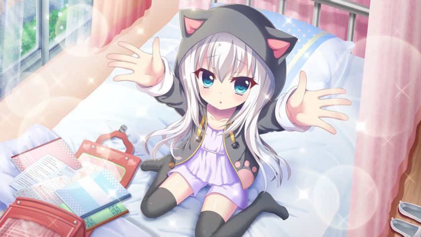 1girl aged_down animal_hood arms_up backpack bag black_hoodie black_jacket black_thighhighs blue_eyes cat_hood child dot_nose dress film_grain from_above game_cg hood hoodie infirmary izumi_tsubasu jacket long_hair nishidate_haku non-web_source notebook official_art on_bed open_bag outstretched_arms parted_lips pillow randoseru re:stage! school shoes shoes_removed sitting solo thigh-highs wariza white_dress white_footwear white_hair window wooden_floor