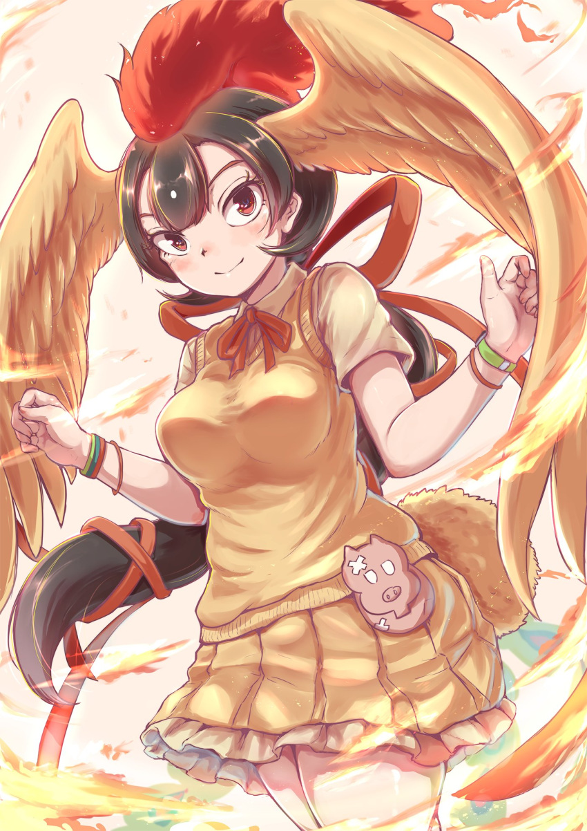 1girl bird_girl bird_tail bird_wings black_hair bow bowtie cardigan feathered_wings fire head_wings hi_no_tori_(kemono_friends) highres kemono_friends long_hair looking_at_viewer multicolored_hair okyao red_background red_eyes redhead ribbon shirt simple_background skirt solo tail two-tone_hair wings