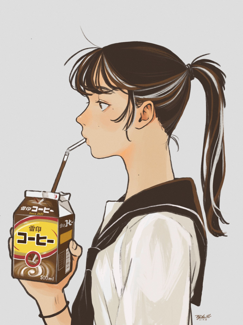 1girl brown_hair brown_neckerchief brown_sailor_collar drink drinking grey_background hand_up highres long_hair multicolored_hair neckerchief original ponytail profile ry_aw sailor_collar shirt simple_background solo streaked_hair white_shirt