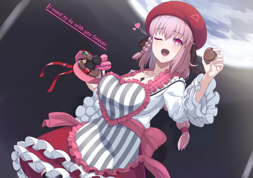 1girl absurdres apron ayla_(punishing:_gray_raven) braid candy chocolate commentary_request dress english_text food frilled_dress frilled_skirt frills heart heart-shaped_chocolate heart_apron highres long_hair one_eye_closed open_mouth pink_eyes punishing:_gray_raven red_headwear red_skirt shirt side_braid skirt solo spoken_heart striped striped_apron valentine vertical-striped_apron vertical_stripes white_day white_shirt yagikan_(caru2338)