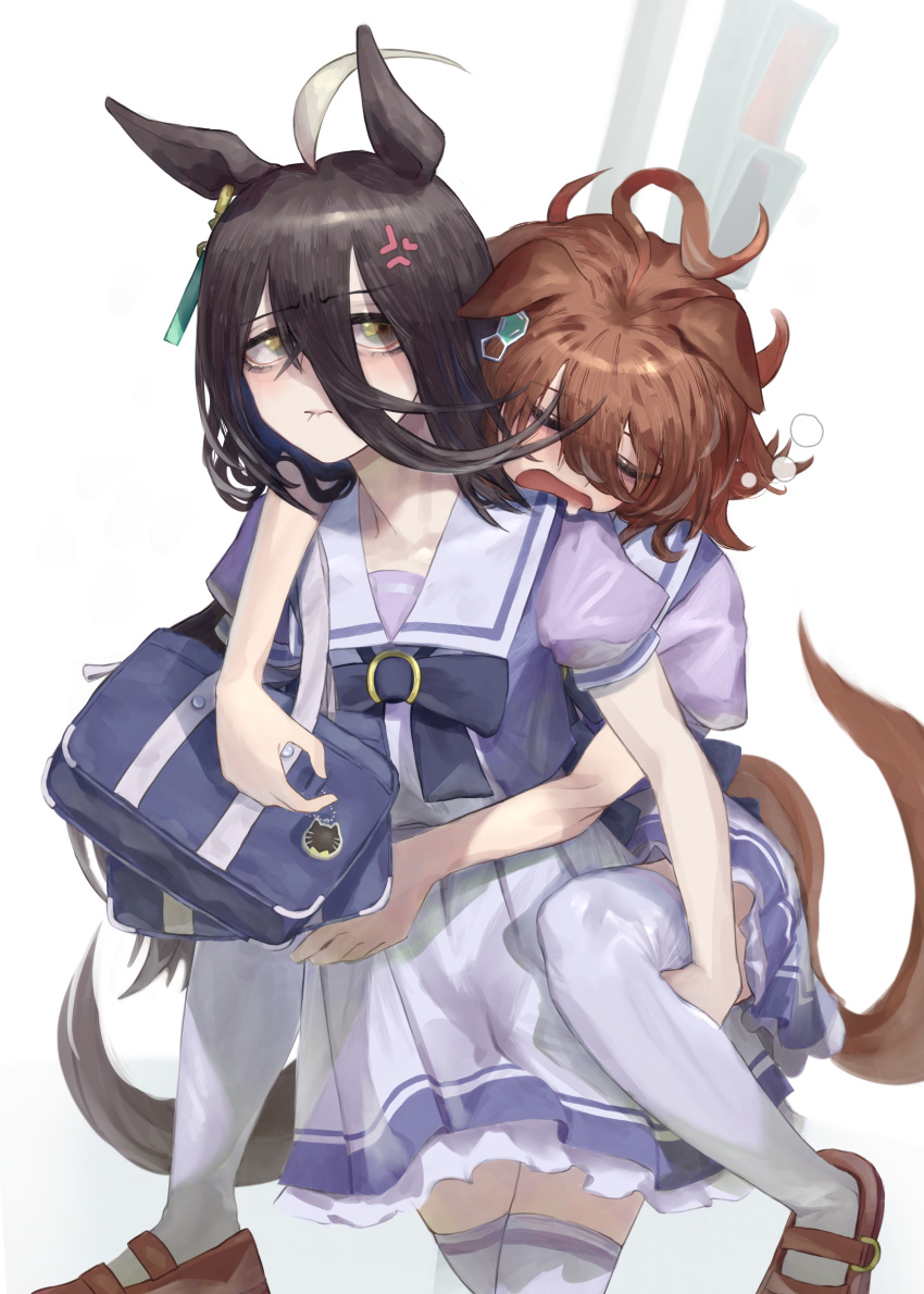 2girls absurdres agnes_tachyon_(umamusume) ahoge anger_vein animal_ears bag biting bow brown_footwear brown_hair carrying closed_eyes closed_mouth commentary_request cowboy_shot earrings ears_down hair_between_eyes hair_net highres horse_ears horse_girl horse_tail jewelry lip_biting long_hair male_focus manhattan_cafe_(umamusume) messy_hair multicolored_hair multiple_girls piggyback pleated_skirt puffy_short_sleeves puffy_sleeves purple_bow purple_shirt shirt short_hair short_sleeves shoulder_bag simple_background single_earring skirt sleep_bubble sleeping streaked_hair tail thigh-highs tonariuta umamusume white_background white_hair white_thighhighs yawning yellow_eyes