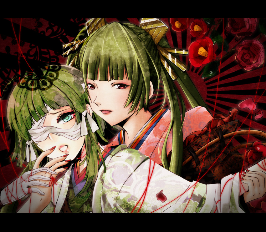 aqua_eyes bandages camellia_(flower) flower green_hair gumi hatsune_miku highres hina_nige_(vocaloid) japanese_clothes kimono multiple_girls petals red_eyes red_string smile vient vocaloid