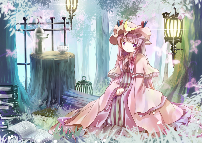 1girl blush book bow butterfly cage capelet crescent cup dress hat lantern long_hair patchouli_knowledge pot purple_hair ribbon sitting touhou violet_eyes
