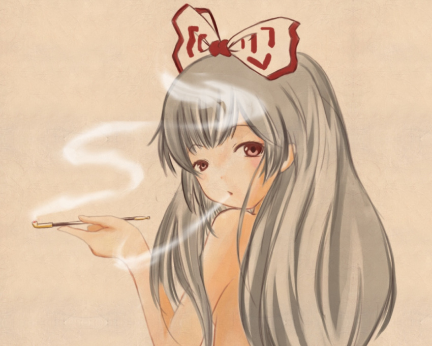 face fujiwara_no_mokou kasu_(bibuta) kiseru long_hair pipe simple_background smoke smoking solo topless touhou