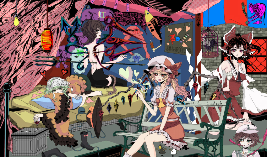 asymmetrical_wings back bare_back barefoot bed bench bird black_hair black_legwear black_thighhighs blonde_hair boned_meat boots bow brown_hair chicken cigarette cravat detached_sleeves dress elephant evening_gown eyes flandre_scarlet food green_eyes green_hair hair_bow hakurei_reimu hat hat_removed headwear_removed heart highres houjuu_nue japanese_clothes kiseru knife komeiji_koishi lantern meat miko multiple_girls murasa_minamitsu nail_polish pipe polearm ponytail red_eyes sai_koro sailor sailor_collar sailor_hat sailor_suit sarashi short_hair side_ponytail smoking snake surreal tentacles thigh-highs thighhighs touhou translated trident ufo weapon wine wings