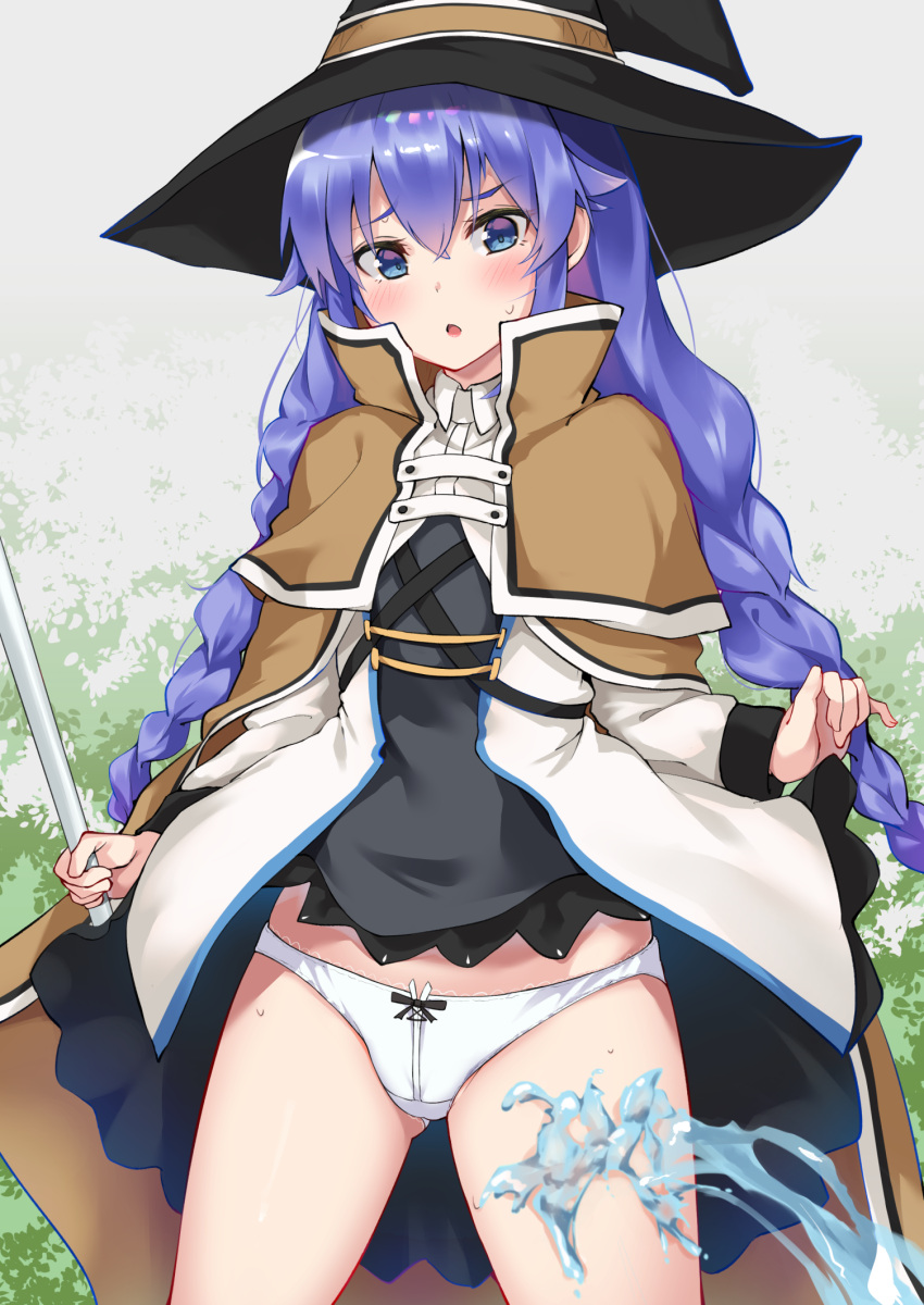 1girl ass_visible_through_thighs bangs blue_eyes blue_hair blush bow bow_panties braid bushinofuji capelet cloak cowboy_shot hair_between_eyes hat highres holding holding_staff long_hair long_sleeves mushoku_tensei no_pants open_mouth panties parted_lips ribbon roxy_migurdia solo spraying staff twin_braids underwear very_long_hair water white_panties witch_hat